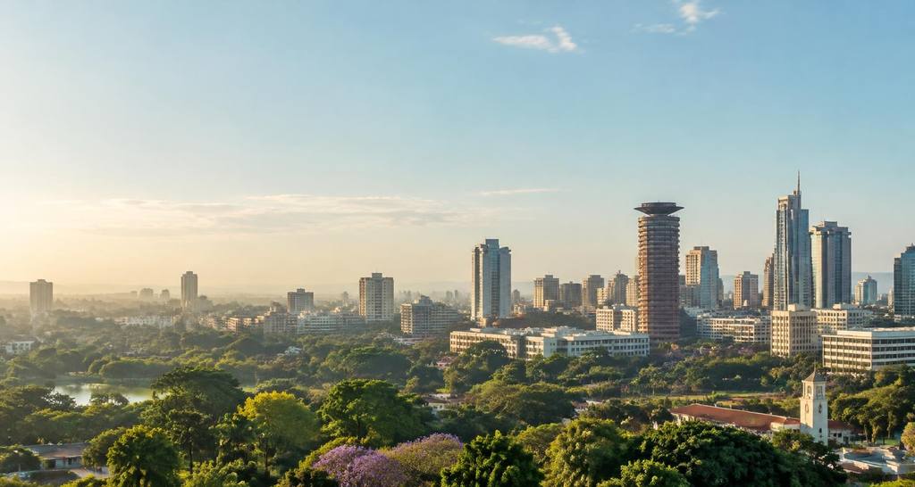 A city skyline above green parkland